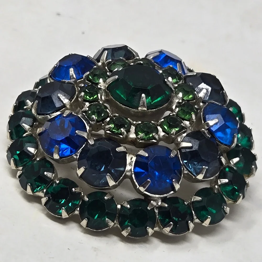 Vintage Austrian Blue Green Rhinestone Domed Brooch Mid Century Peacock Pin